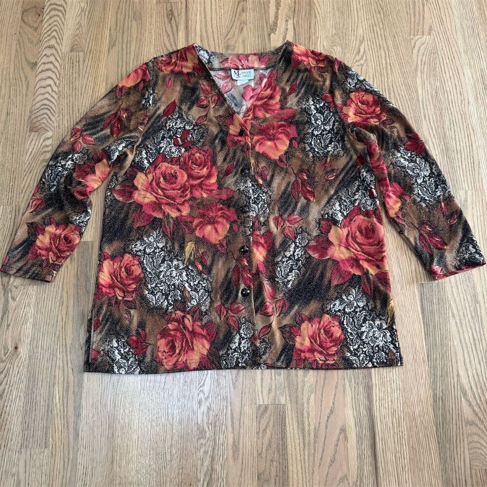 Maggie Sweet Floral Blazer Jacket Gold Shimmer Size 1X Multicolor Long Sleeve